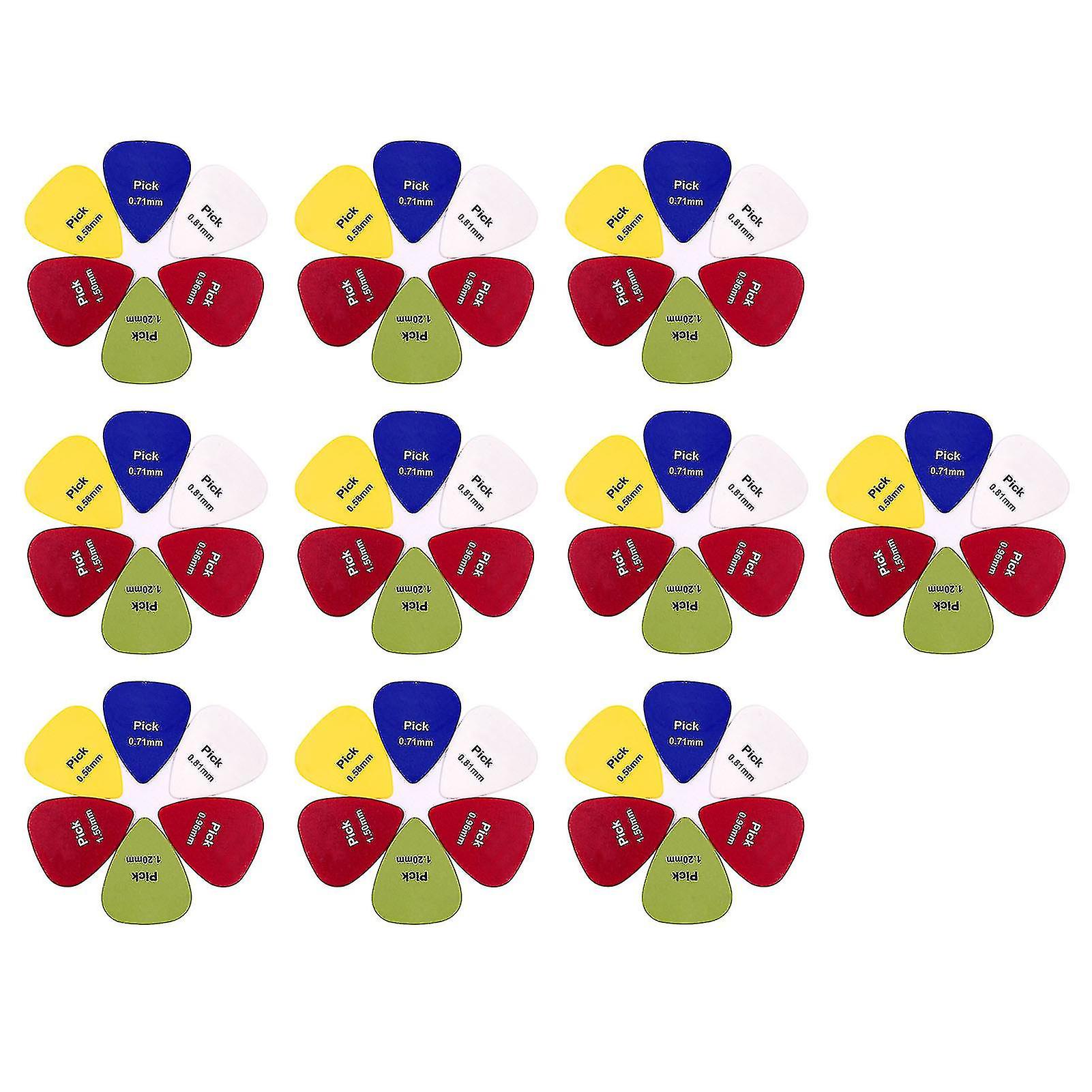 Lot de 100 médiators de guitare en ABS à bords arrondis, couleur vive, givrés, de remplacement, 0,58 / 0,71 / 0,81 / 0,96 / 1,2 / 1,5 mm