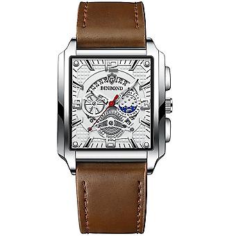 BINBOND B6575 Uhr, Farbe: braunes Leder-weiß-weißes braunes Leder-weiß-weiß