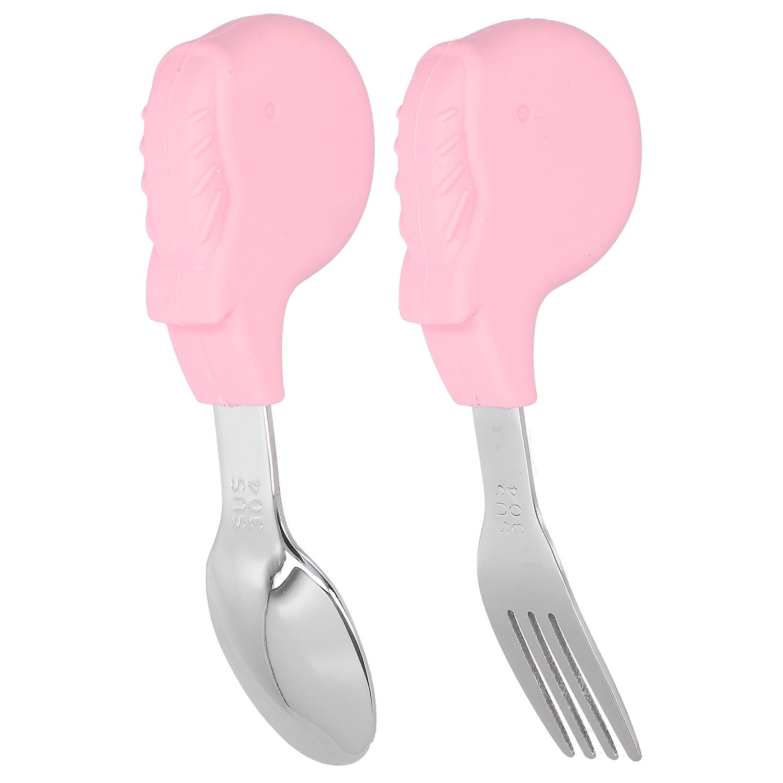 2-Piece Toddler Utensil Set, Spoon and Fork, Stainless Steel, Self-Feeding Training, Pink Whale Shape