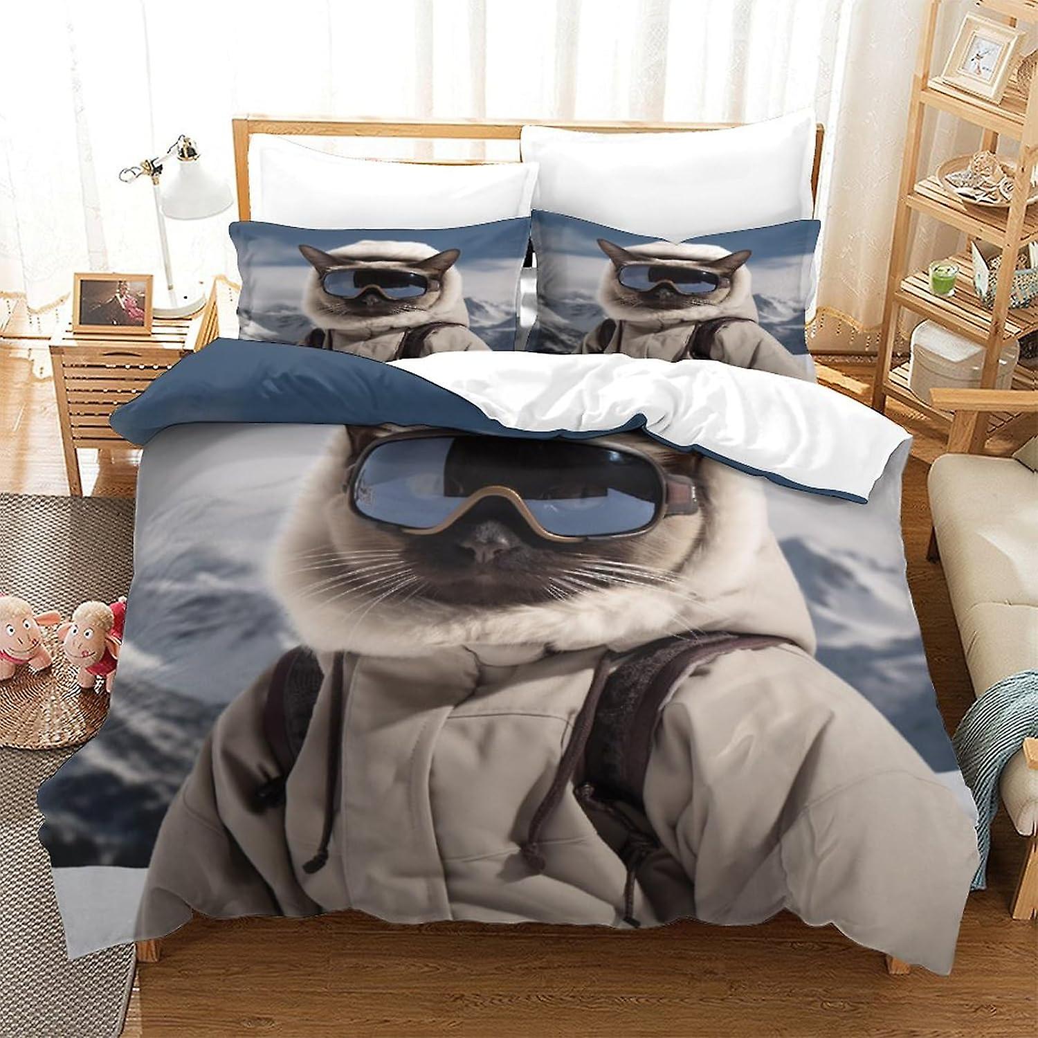 Skiing Cat 3-osainen setti, 3D-tulostetut vuodevaatteet, tyynyliina, piilotettu vetoketju, söpö mikrokuitupussilakana aikuisille ja lapsille