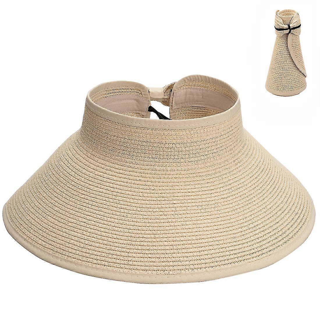 Rollable Ladies Wide Brim Straw Sun Visor Hat (bei)