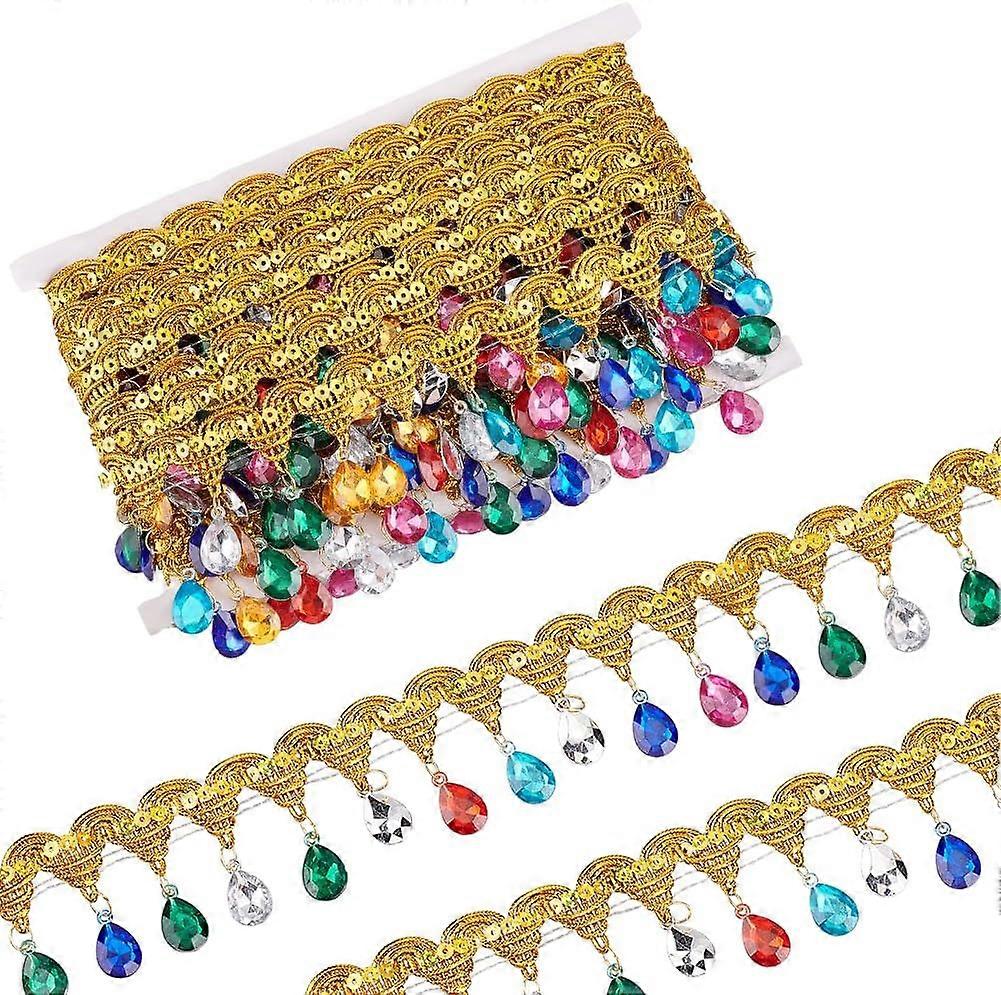 9.8 Yard 48.5mm Gold Metallic Scroll Braid Trim with Sequins & Colorful Rhinestone Polyester Hanging Beads Fringe Trim Gimp Braid Trim Sewing Tassel T