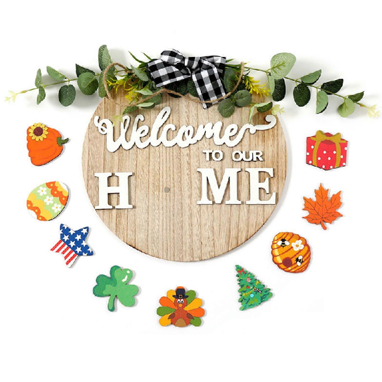 Wooden DIY Interchangeable Doorplate Rustic Welcome Wreaths Sign with Greenery for Home Living Room Decoration