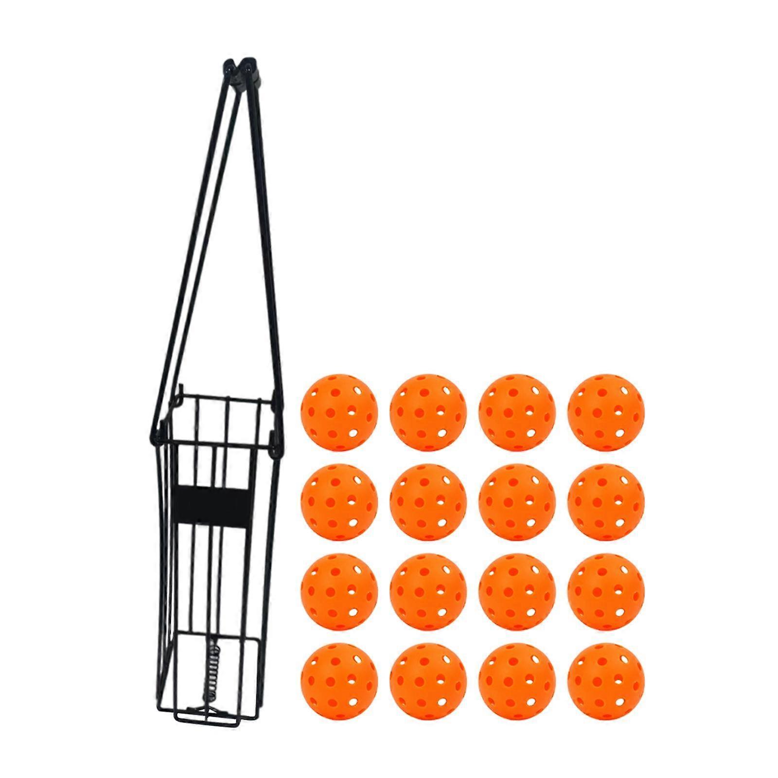 Pickleball Retriever Basket Storage Container with 16Pcs 40 Holes Pickleball Orange