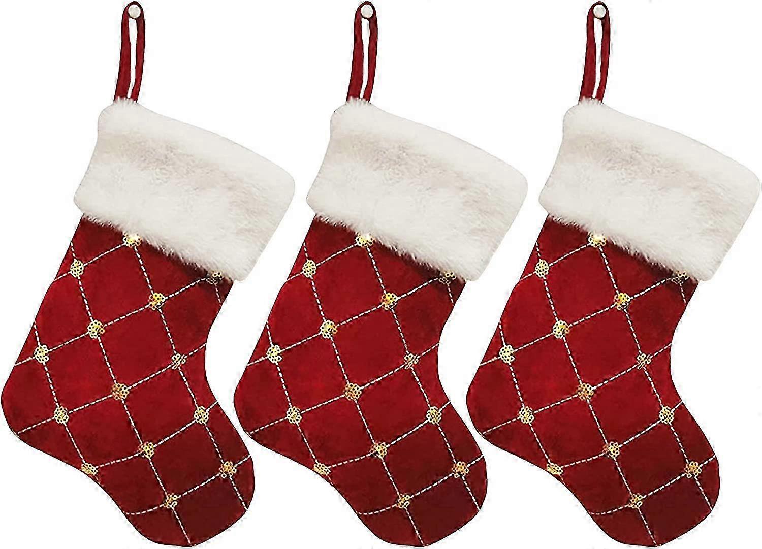 Set of 3 Sequin Christmas Stockings, 9inch Checker Fireplace Stocking with Gold Sequins