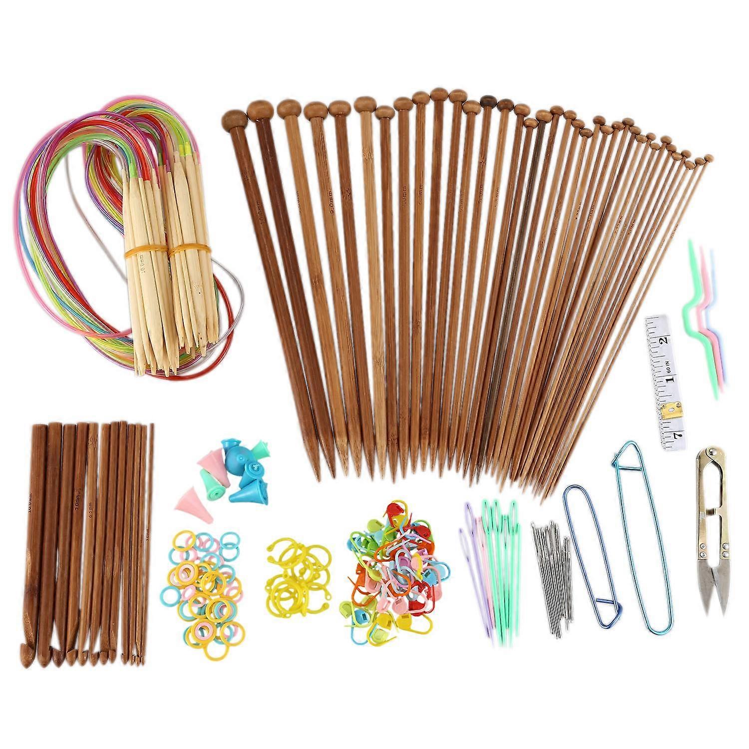 Knitting Needles Set-18 Pairs 18 Sizes Bamboo Circular Knitting Needles + 36 Single Pointed Bamboo Knitting Needles + Weaving Tools Knitting Kits