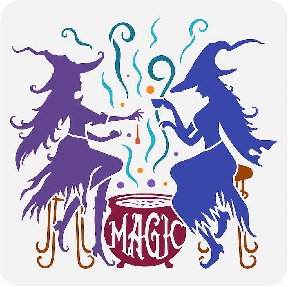 Witch Afternoon Tea Stencil for Painting 11.8x11.8 inch Reusable Cauldron of Witches Brew Drawing Template Large Witch Day Painting Stencil for Home W