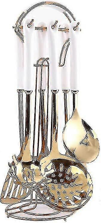 طقم أدوات المطبخ من الستانلس ستيل سبع قطع (الذهب الأبيض).أدوات الطبخ 7 قطع طقم مع رف معلق .include ملعقة مشقوقة ، ملعقة مشقوقة ، كبيرة