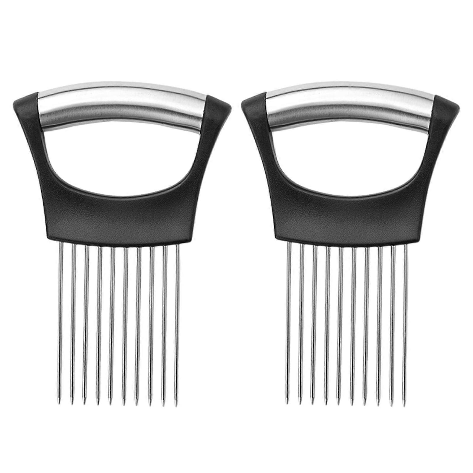 2Pcs Stainless Steel Onion Holder Slicer with 10 Knives Vegetable Cutter Lemon Slicer Kitchen Chopper Tool for Onion Potato Tomato Non-Slip Handle