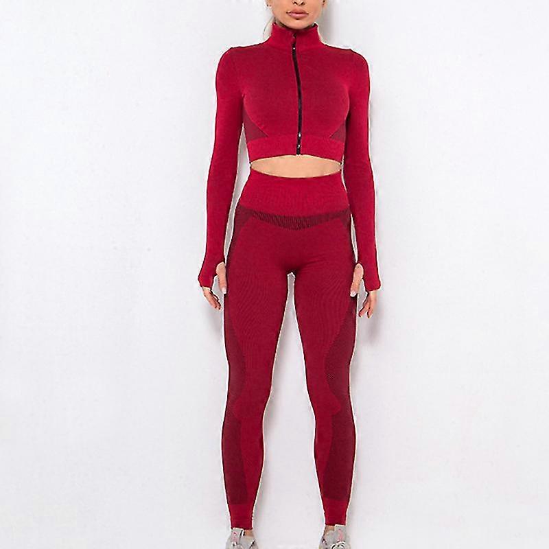 Sömlösa yogakläder Träningsset för kvinnor 2-delad front-zip långärmad crop top