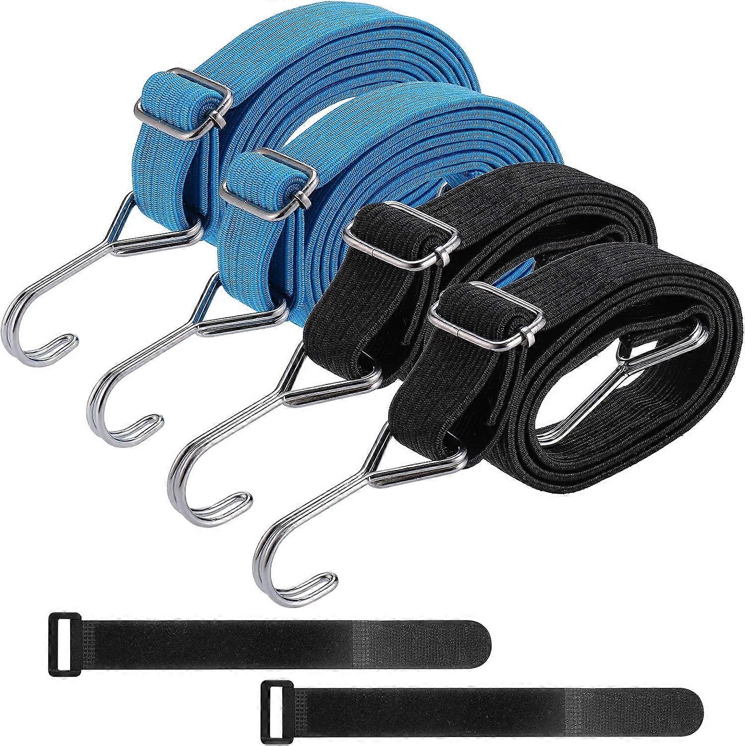 Adjustable Flat Bungee Straps with Hooks 4 Pack, 2 Size Long Bungee Cords with Hooks, Strong Stretchy Bungee Straps(2x2M Blue, 2x1M Black)