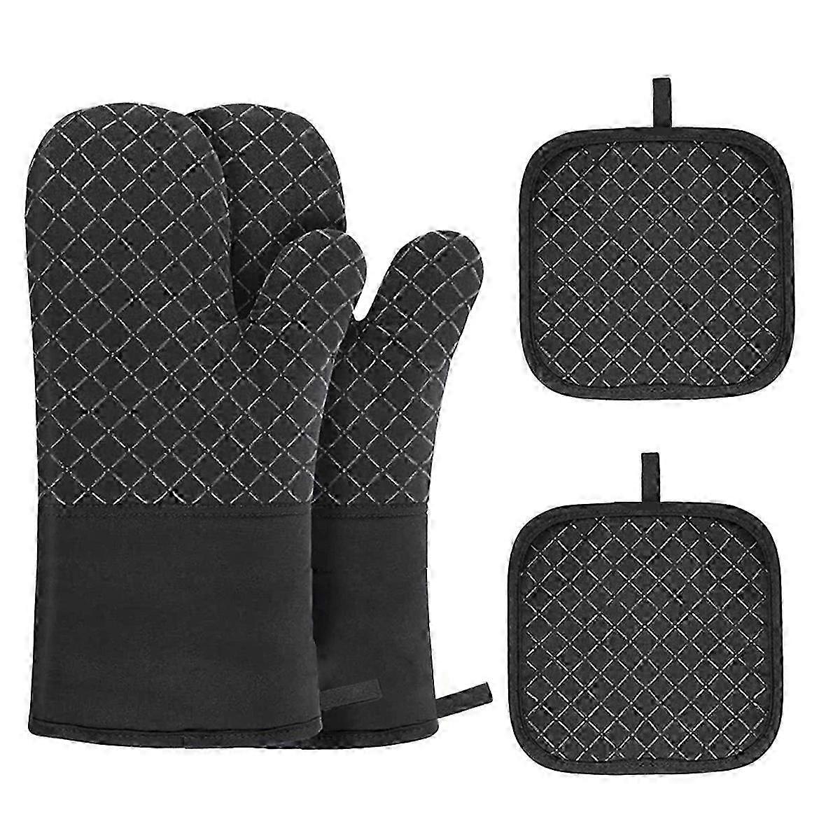 Oven Mitts and Pot Holders for Kitchen Heat Resistant - 4pcs Cotton Oven Gloves & Hot Pads with Non-Slip Silicone Grip Long Arm
