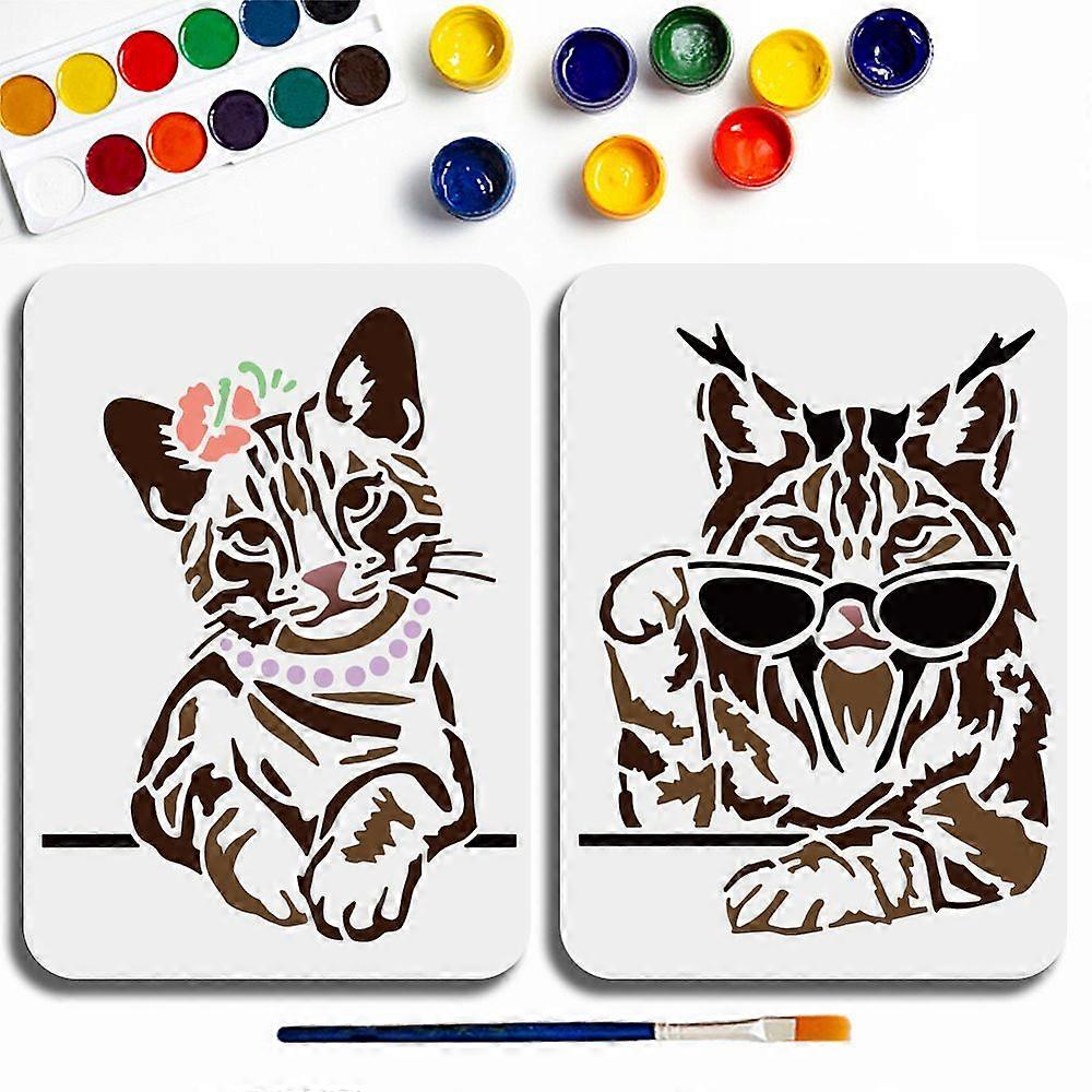 2Pcs 2 Styles PET Hollow Out Drawing Painting Stencils with 1Pc Art Paint Brushe Cat Shape 297x210mm