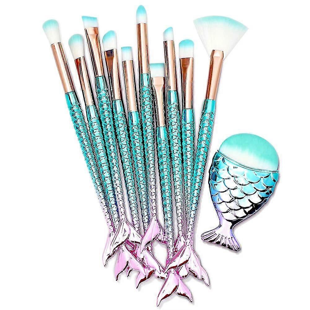11 Pa Makeup Brushes Set With Colorful Fish Tail Handle, Foundation Eyebrow Eyeliner Blush Cosmetic Concealer Brushes Girl Cute Make Up Tool Set,5326