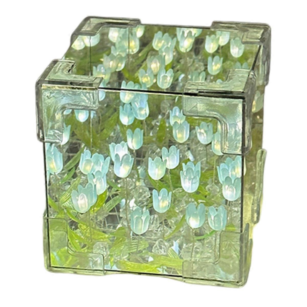 DIY Tulip Mirror Cube Lamp Simulation Flower Bedroom Sleeping Table Handmade Tulip Small Night Light Gift BLUE