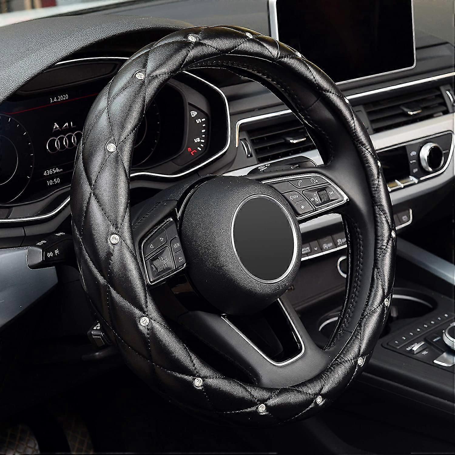 Diamond Leather Steering Wheel Cover With Bling Bling Crystal Rhinestones, Universal Fit 15 Inch Car Wheel Protector, Anti-slip, Four Seasons Universa