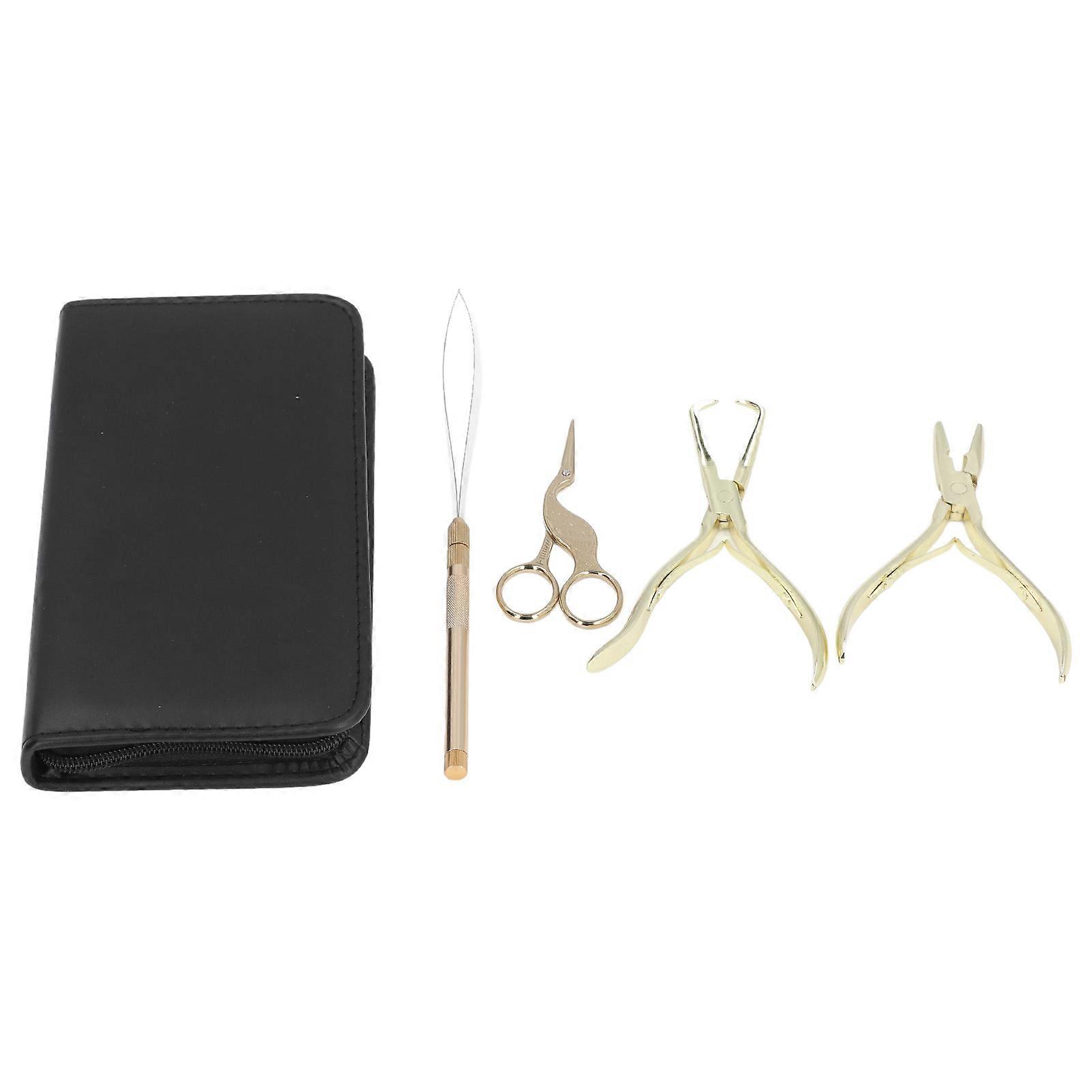 4pcs Hair Extension Tools with Pliers Wire Loop Beading Hook Needle Small Scissors Storage Bag Professional Microlink Tool Kit Gold