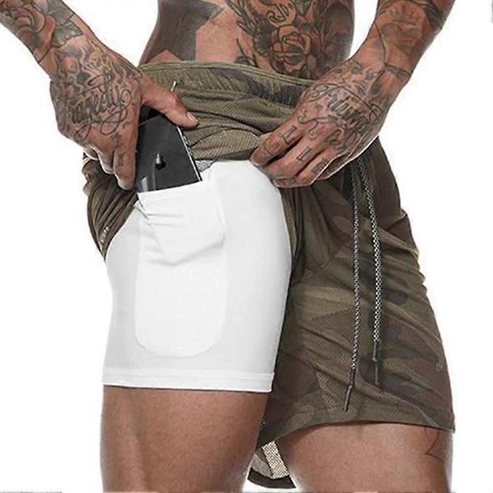 Men Summer Double Layer Short Pants Elastic Waist Beach Casual Shorts (Dark Camouflage L)
