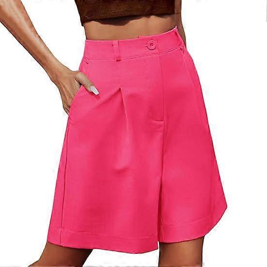 Summer Women Shorts Elastic High Waist Loose Side Pockets Straight Above Knee Length Soft Solid Color Breathable Daily Casual Business Office Shorts