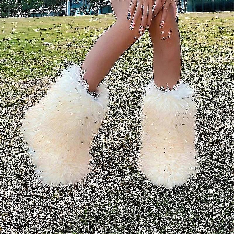 Faux Fur Boots For Women Fuzzy Fluffy Furry Round Toe Suede Winter Boots Flat Shoes-Yvan