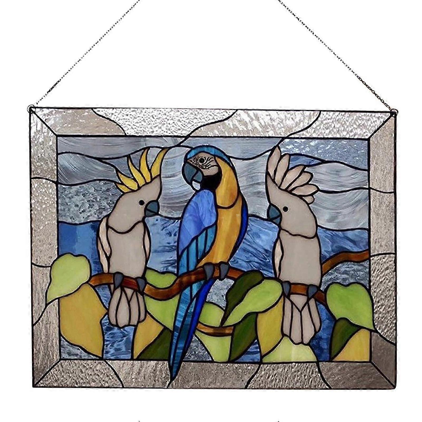 Stained Glass Window Panel Window Hangings 3 Parrots Acrylic Home Decor Pendant with Chain