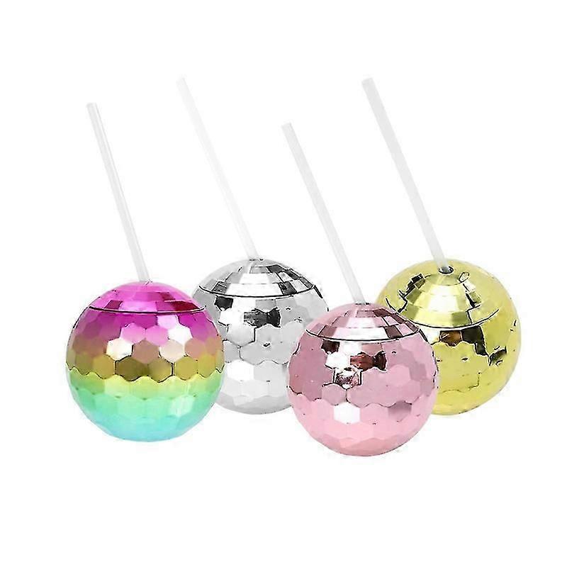 4pcs Disco Ball Cups, Reusable Tumbler Disco Flash Bachelorette Party Cup Decorations Glitter Cocktail Ball Cups Spherical with Lid and Straw for Nigh