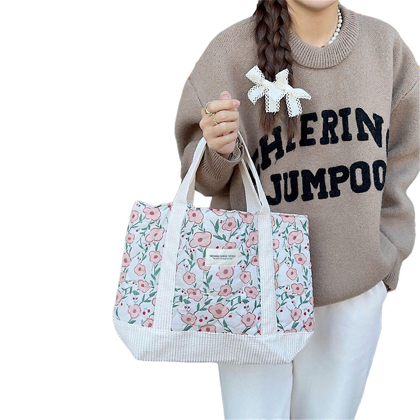 Portable Storage Bag Lightweight Solution Shoulder Bag Large Capacity Handbag for Different Need and Event  Retro flower white