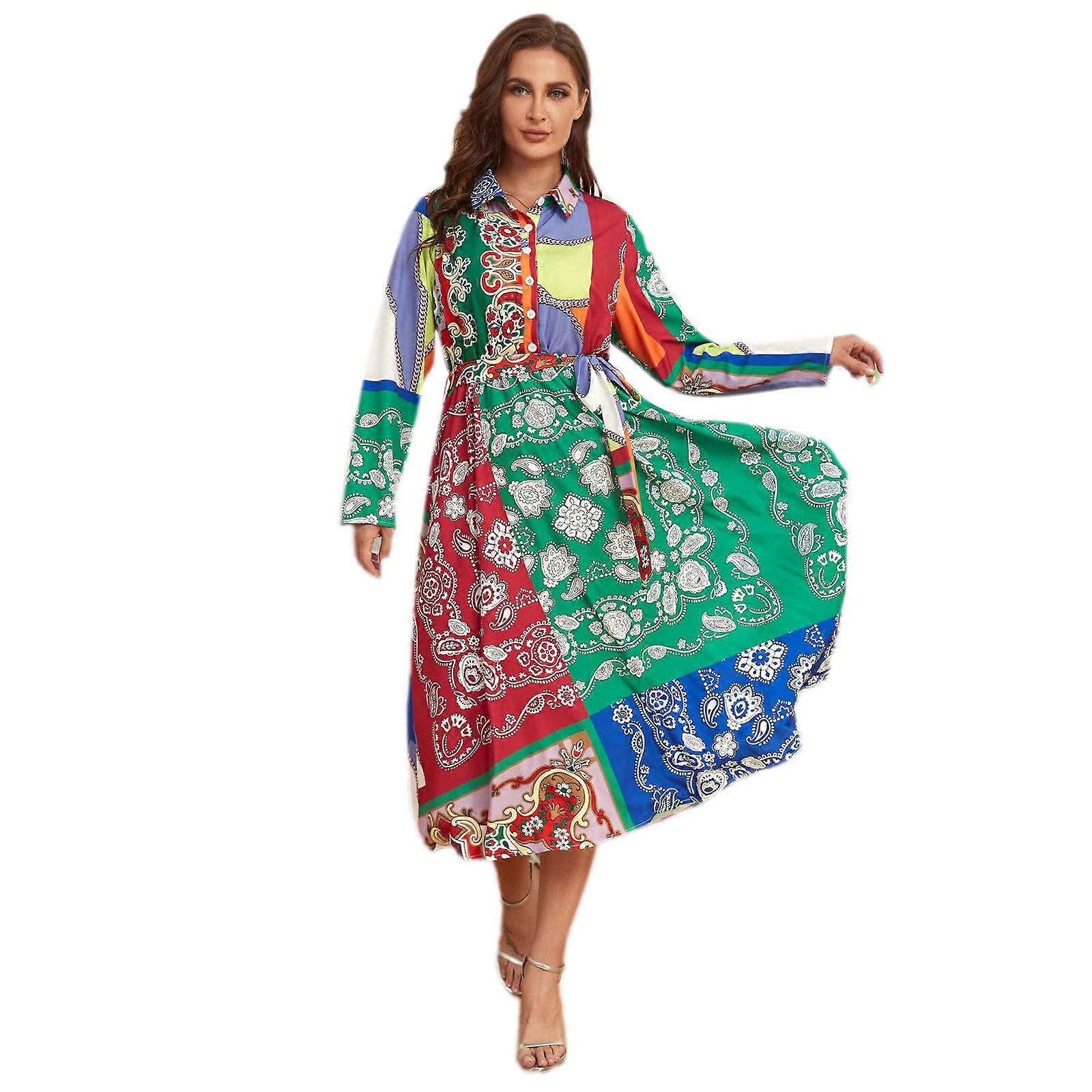 Damen-Kleid in Übergröße, langärmelig, Revers, Knopfleiste vorne, Midi-Swing-Hemdkleid mit Gürtel, Colorblock-Paisley-Print, A-Linie, Rot und Grün, XL