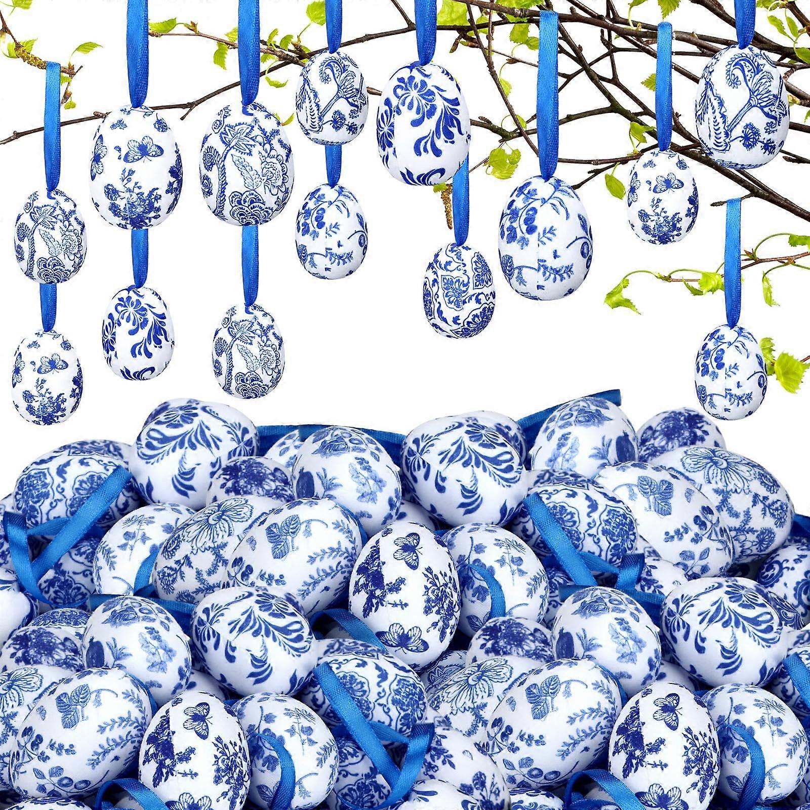 36 Pcs Blue and White Easter Hanging Egg Ornaments for Spring Farmhouse Tree Decoration, Easter Decor, 2-Inch Size