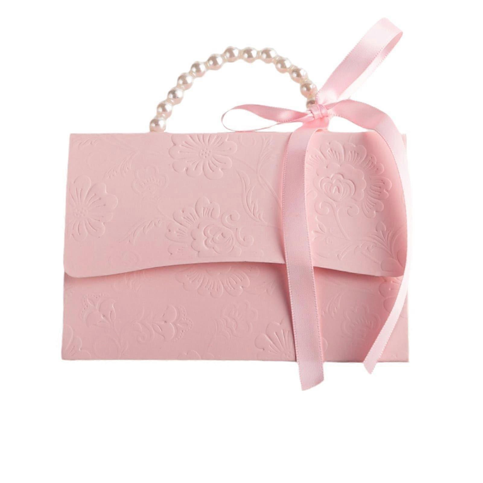 Pink Pearl Paper Gift Boxes for 10 Wedding Favors, Bridesmaid Gifts with Elegant Ribbon, 4x4x4 Inches Size