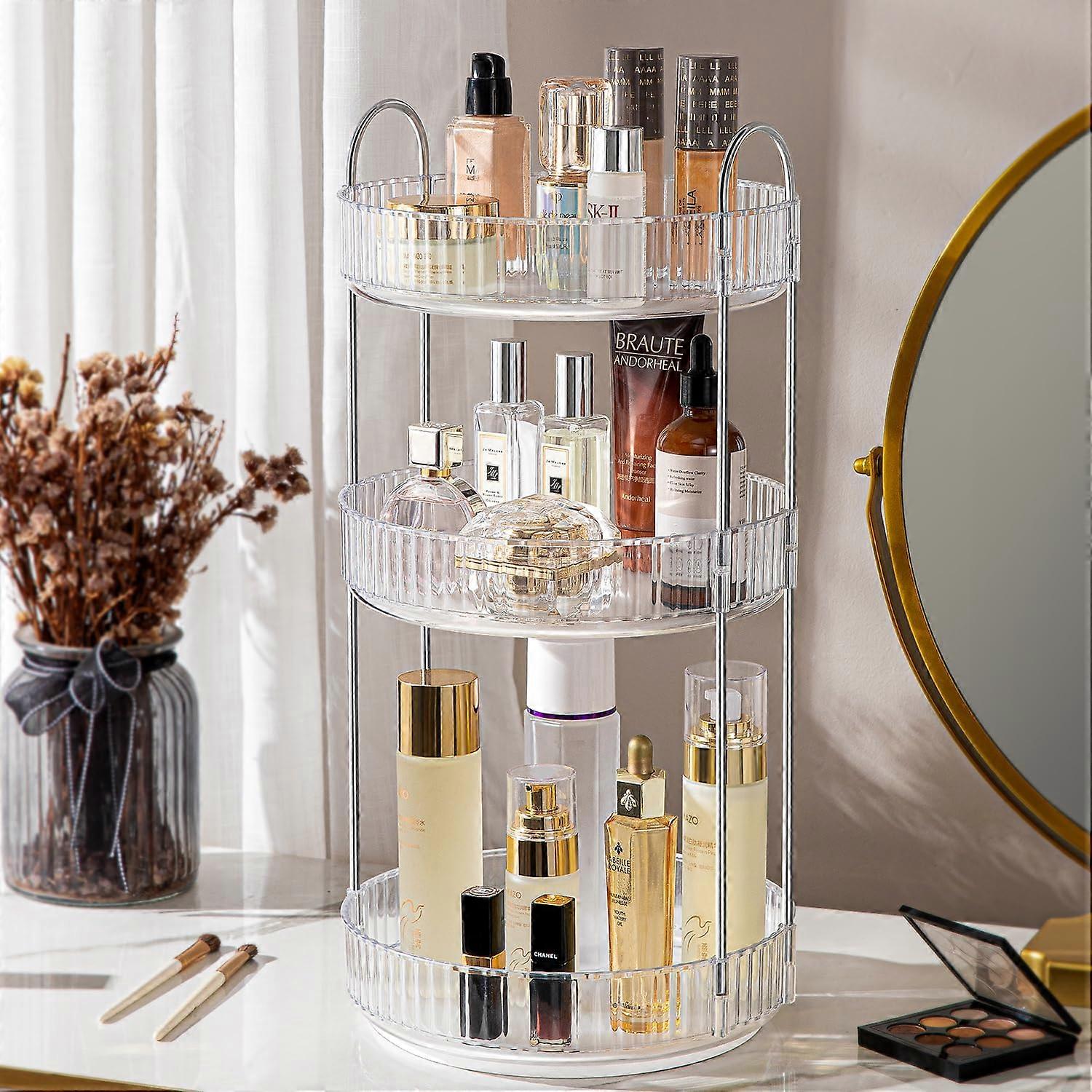 360° Rotating Makeup Organizer, Large Capacity Cosmetic Storage Carousel, Bath Counter Holder with Adjustable Shelves