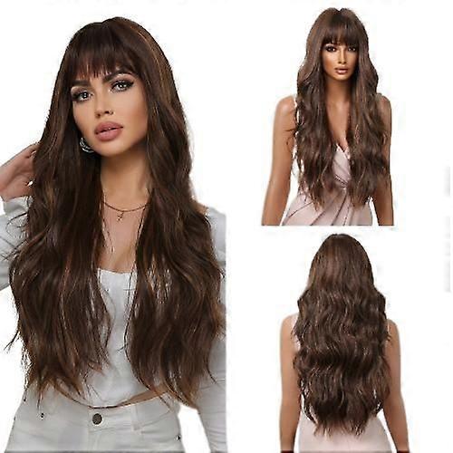 Black Brown Wig with Bangs for Women Long Wavy Hair Wig Curly Wavy Synthetic Wigs for Girls Daily Party Use