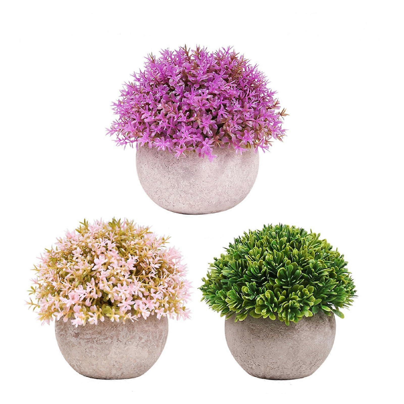 Artificial Mini Plastic Green Grass Plant With Pot - Set Of 3, Mini Size, Round Paper-Mache Pot, Indoor Office Use