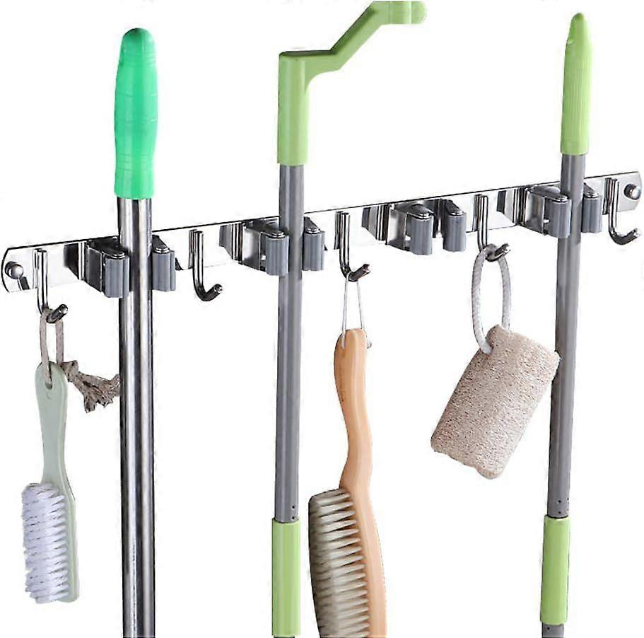 Supporto per scopa in acciaio inossidabile a parete con 4 clip e 5 ganci Organizer per rack a parete-grigio