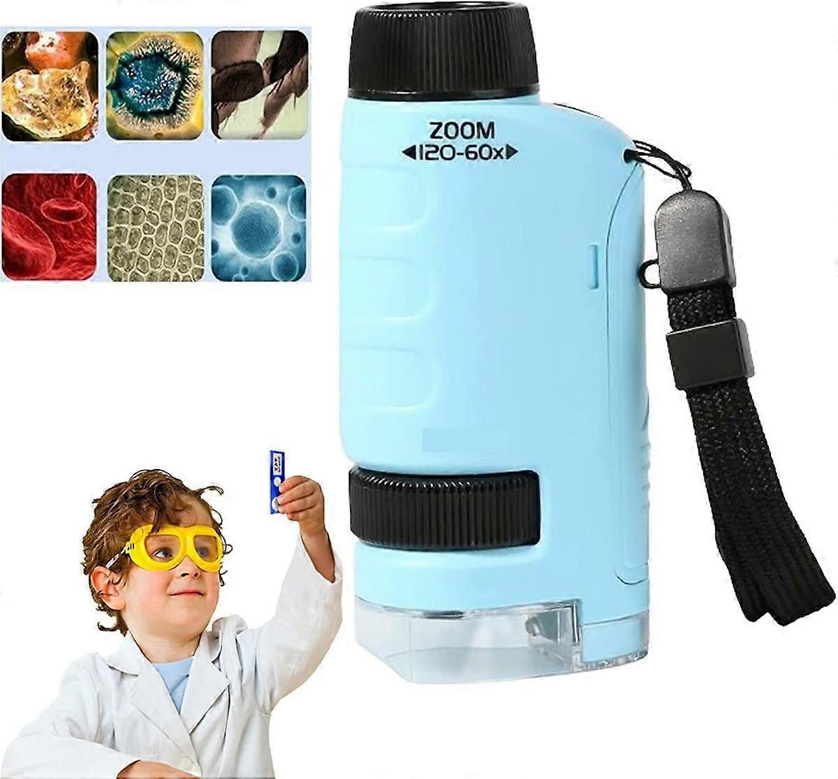 60x-120x Pocket Microscope, Portable Pocket Microscope for Children, Hand-held Microscope with Led Lamp (Blue)