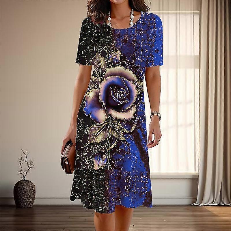 Női Divat Kecses Virágmintás Nyár Tavasz Rövid ujjú O-nyakú Hétköznapi ruhák