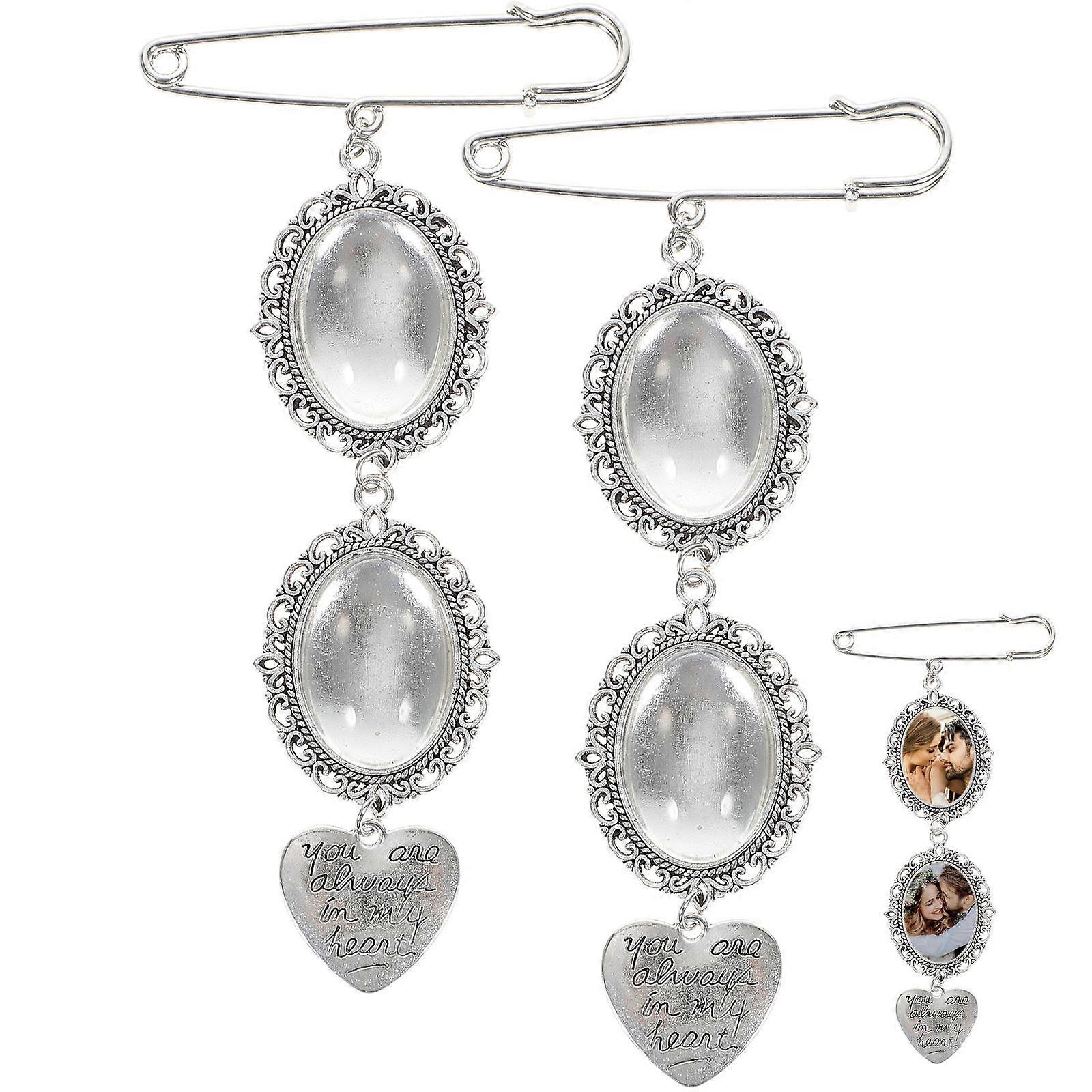 Wedding Bouquet Photo Charms 2pcs Silver Memorial Frame Pendants for Bridal Accessories, 4.33 x 1.18 Inch