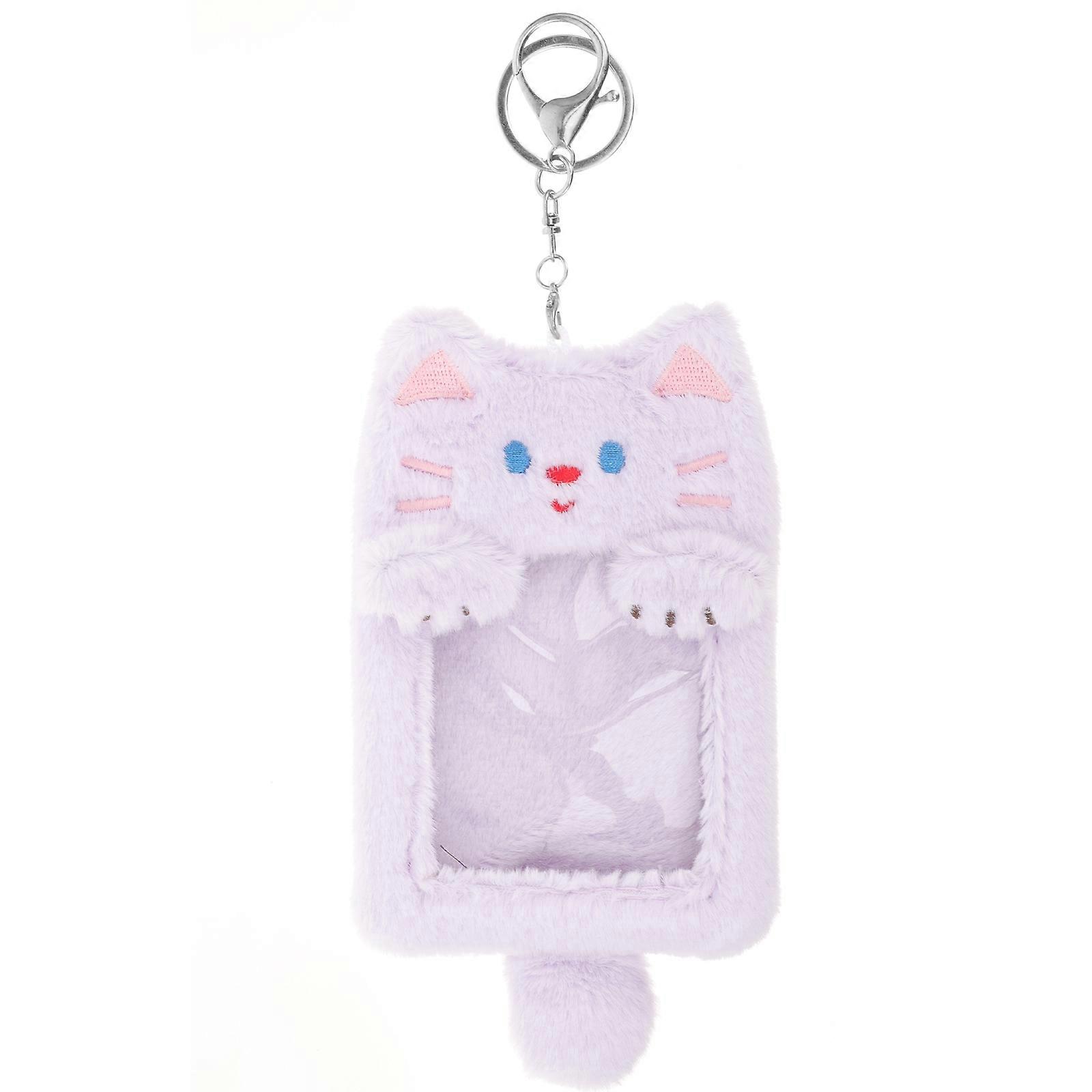 Id Card Holder Sleeve Compact Hanging Card Case Plush Material Purple Color For Office Use 1Pcs