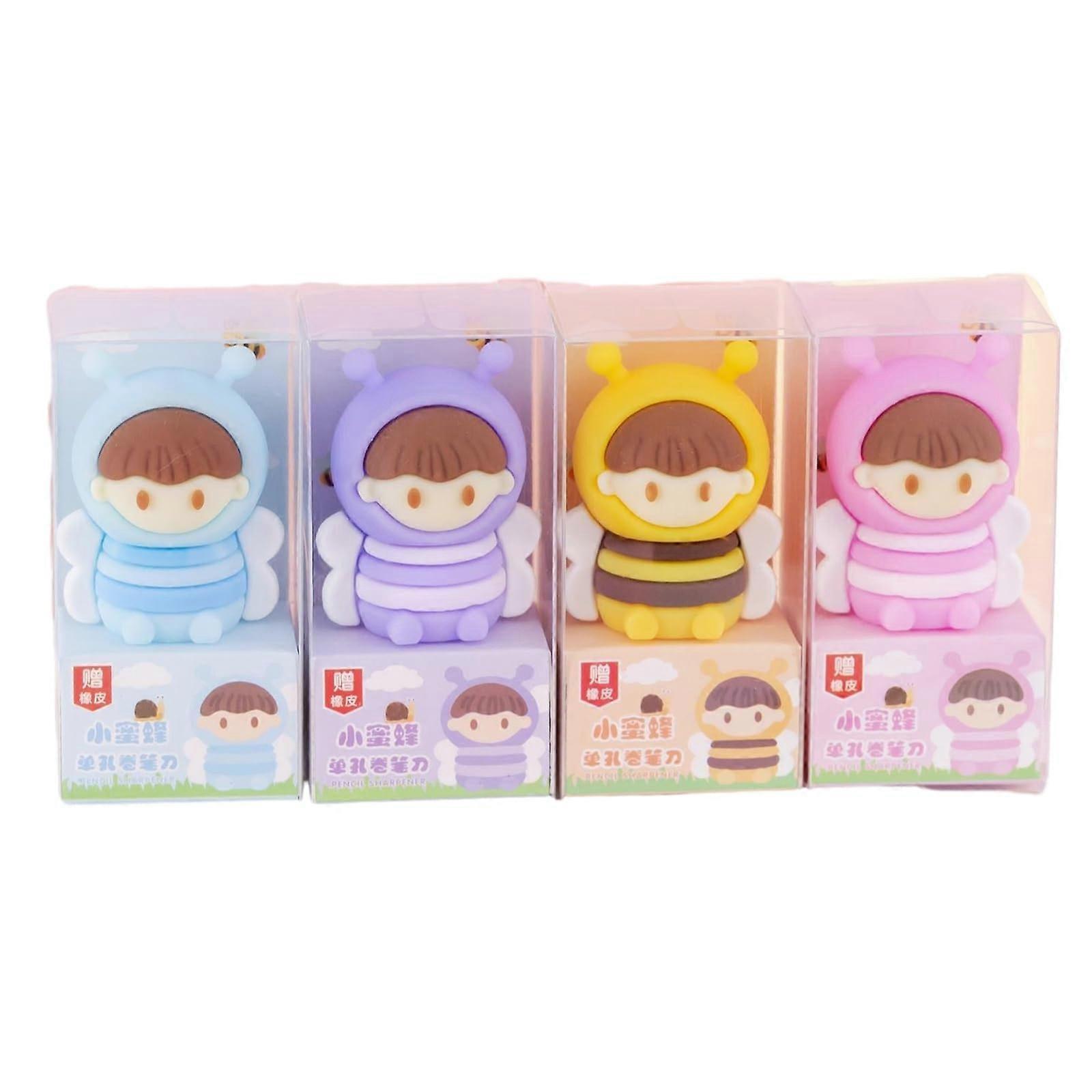 Mini Cartoon Pencil Sharpener with Eraser, 4 Pcs Cute Portable Sharpener For Kids, Primary School Little Bee Design