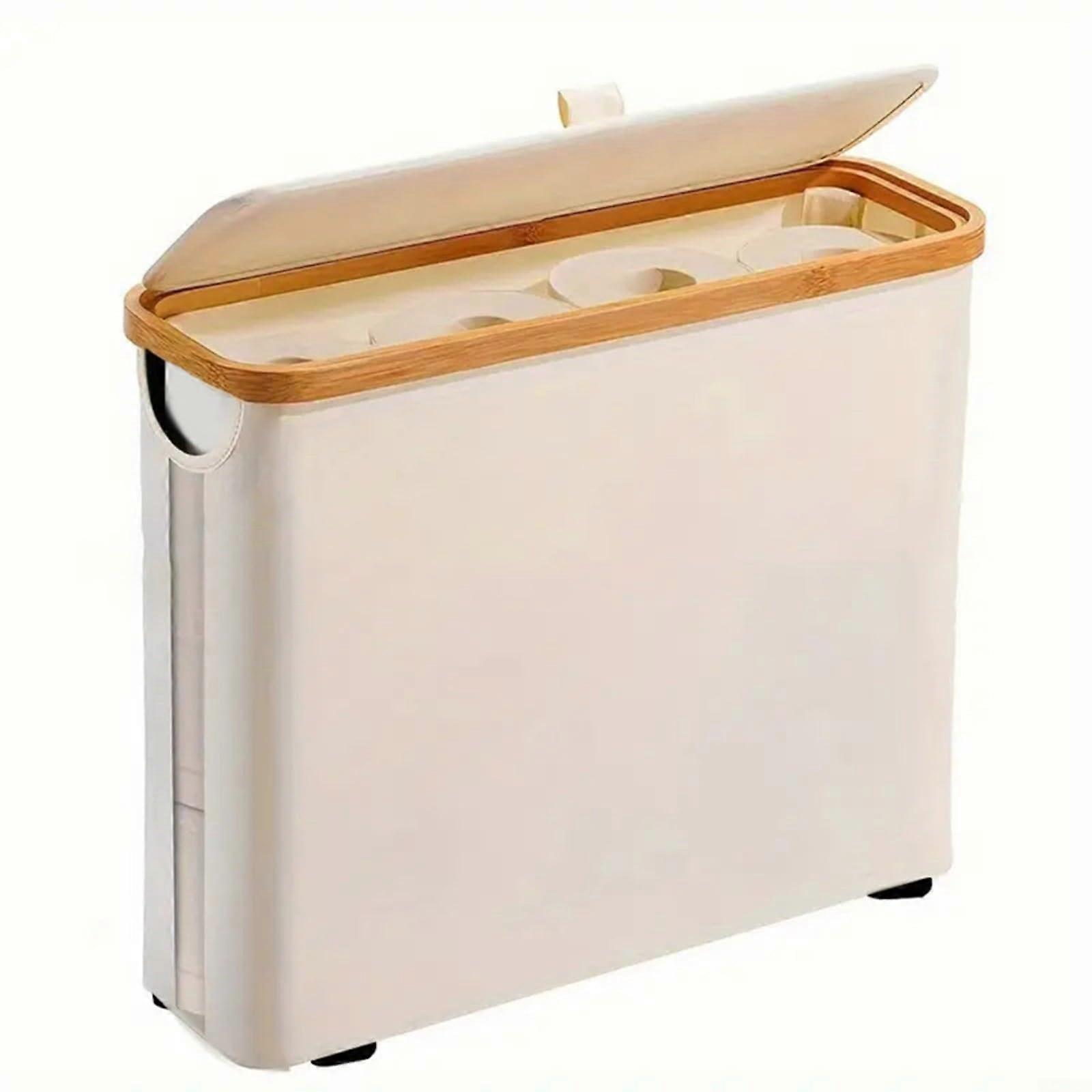 Storage basket for toilet paper with lid, holds up to 12 rolls, durable Oxford fabric, stylish and functional bathroom accessory, beige.