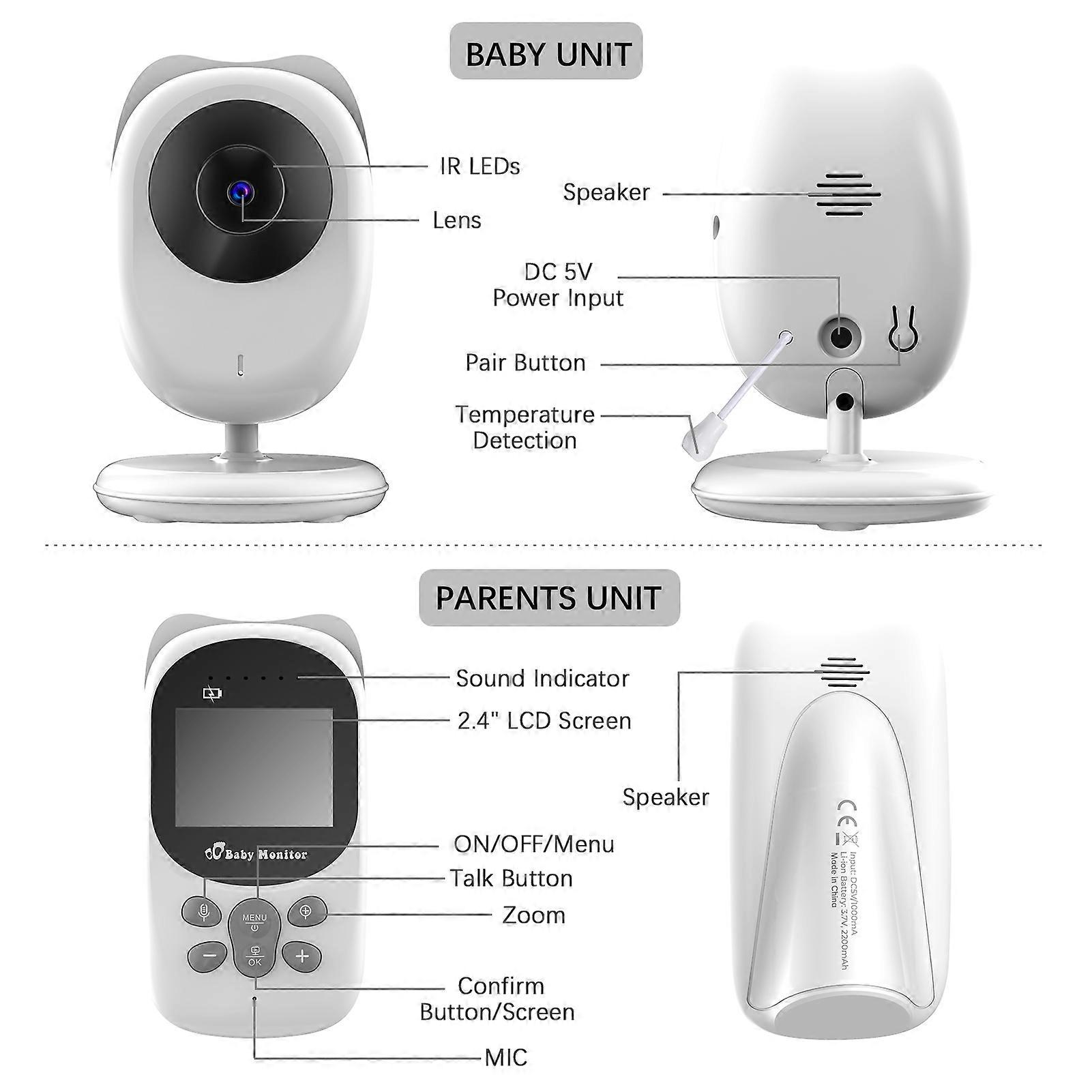 Wireless Baby Monitor Digital Camera Video Monitor for Kids with 2.4 Inch LCD Screen 50M Indoor Transmission Supports Two-Way Talk Room Temperature D