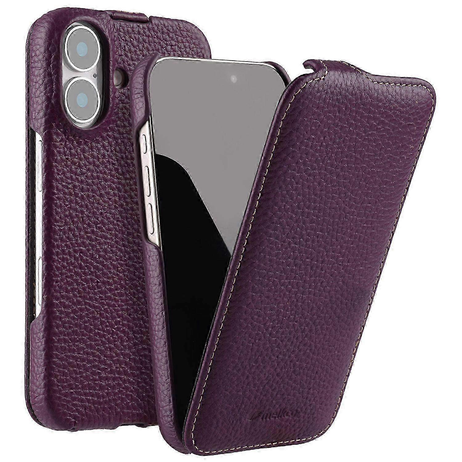 Magnetic Vertical Flip Leather Case for iPhone 16 with Shockproof PC Cover - Genuine Cow Leather in Purple