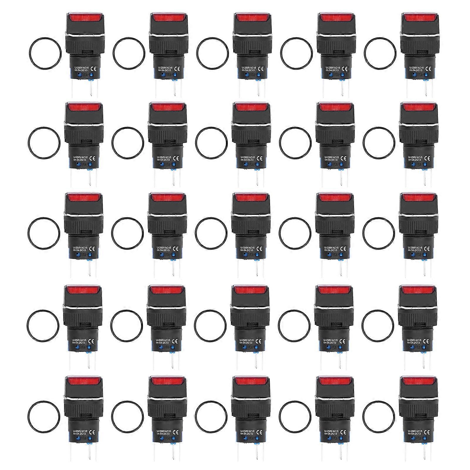 25PCS Small Button Switch Self Locking Square Power Push Switches with Light 16mm 24V 5ARed