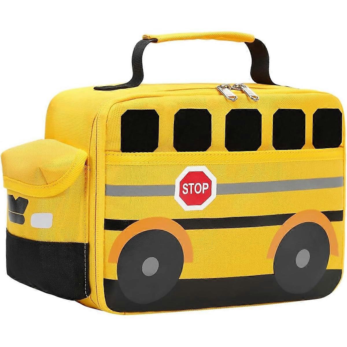 Cute Bus-Themed Insulated Lunch Bag for Students - Reusable Cooler Tote with Easy-Carry Design - Ideal for School, Picnics, and Travel (Yellow)