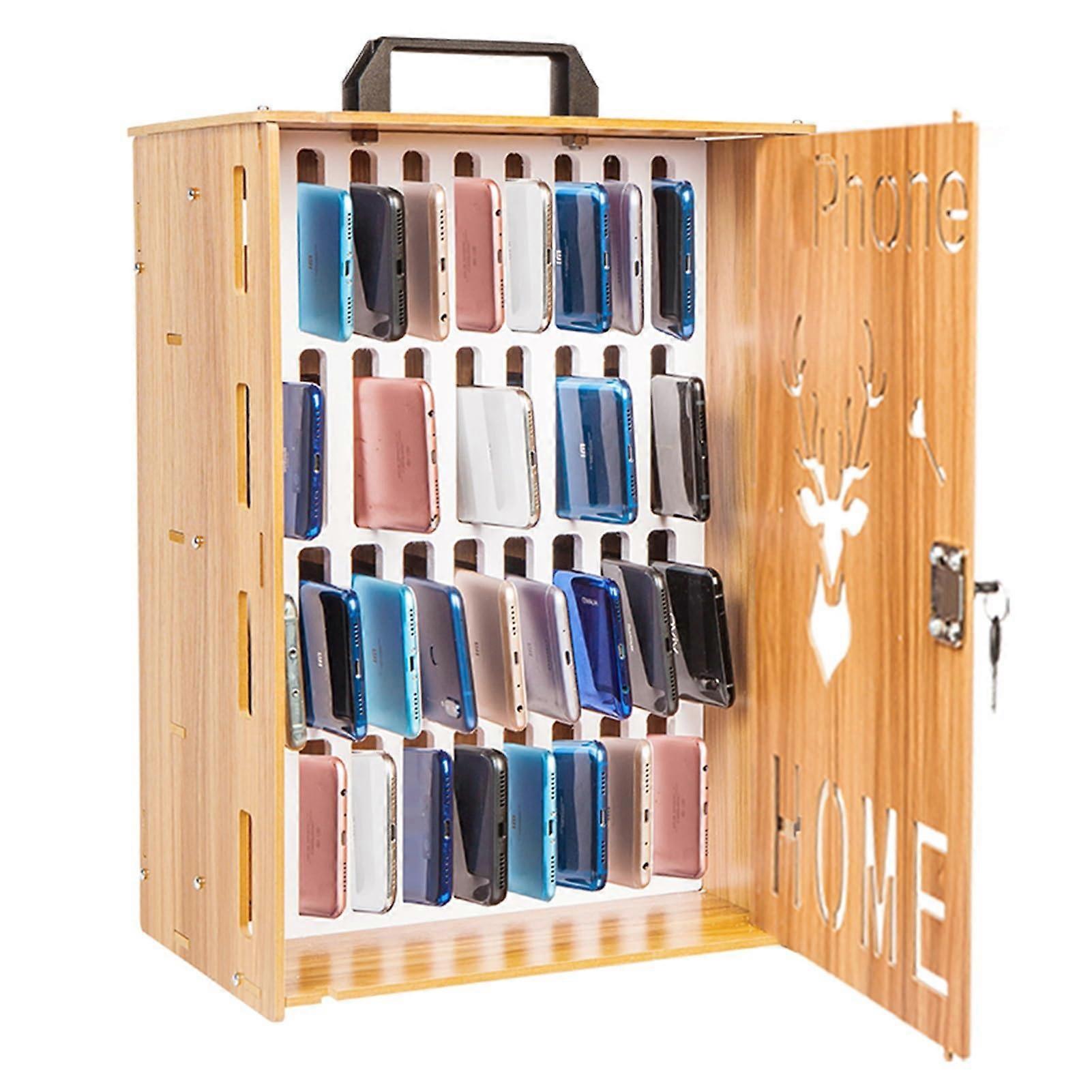 Mobile Phone Cabinet, 36-Slot Wood Lock Cell Phone Safe Organizer, Portable Rechargeable Design with Carry Handle for School and Business