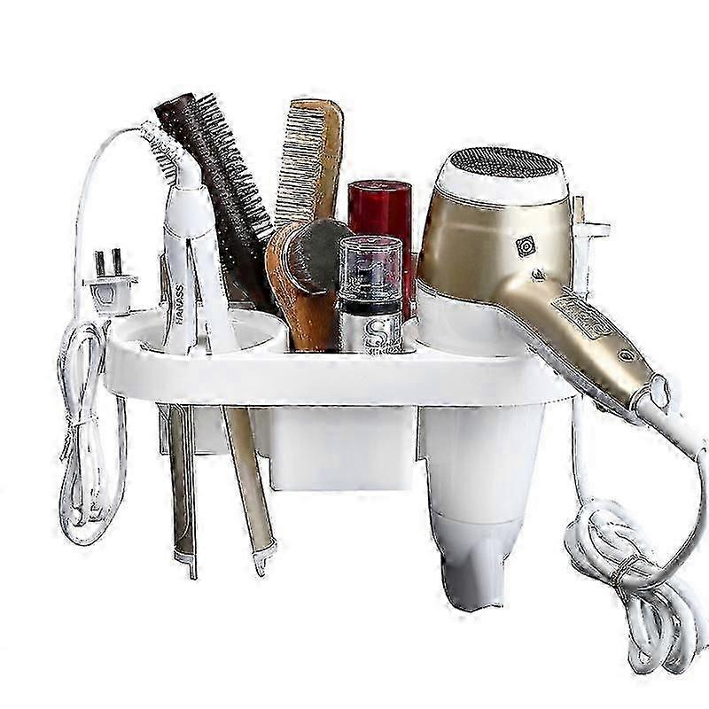 Wall-Mounted Hair Dryer Holder, No-Drill Adhesive Rack with Power Socket Loop