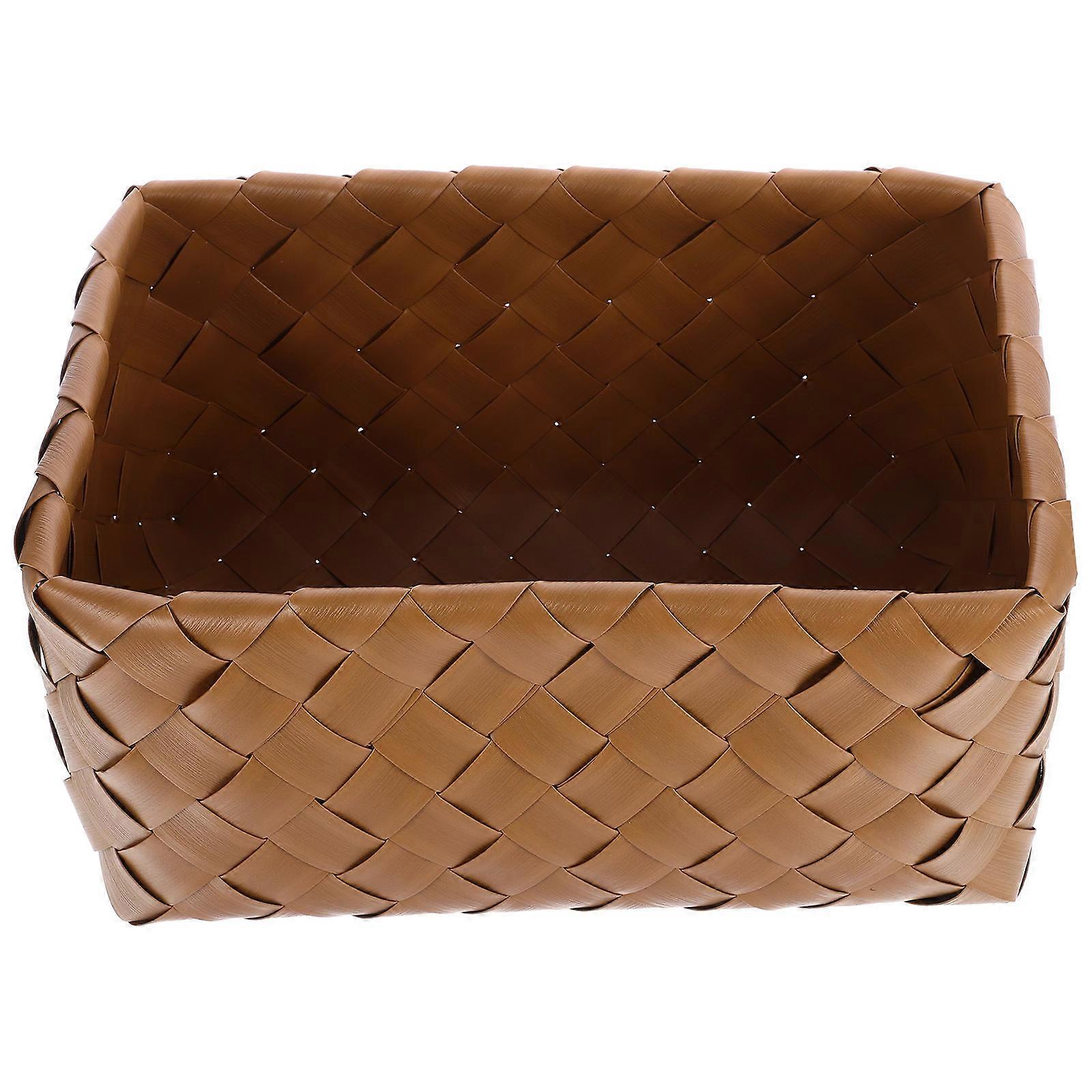Light Brown Plastic Woven Storage Basket for Home Use Multipurpose Desktop Organizer 7.87x4.72x5.12 Inches