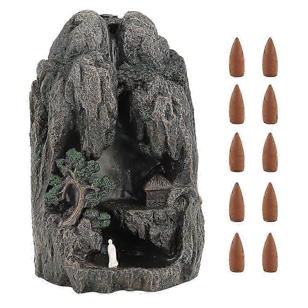 Waterfall Mountain Tower Backflow Incense Burner Holder - Resin Sandalwood Furnace with 10 Cones for Relaxation & Aromatherapy