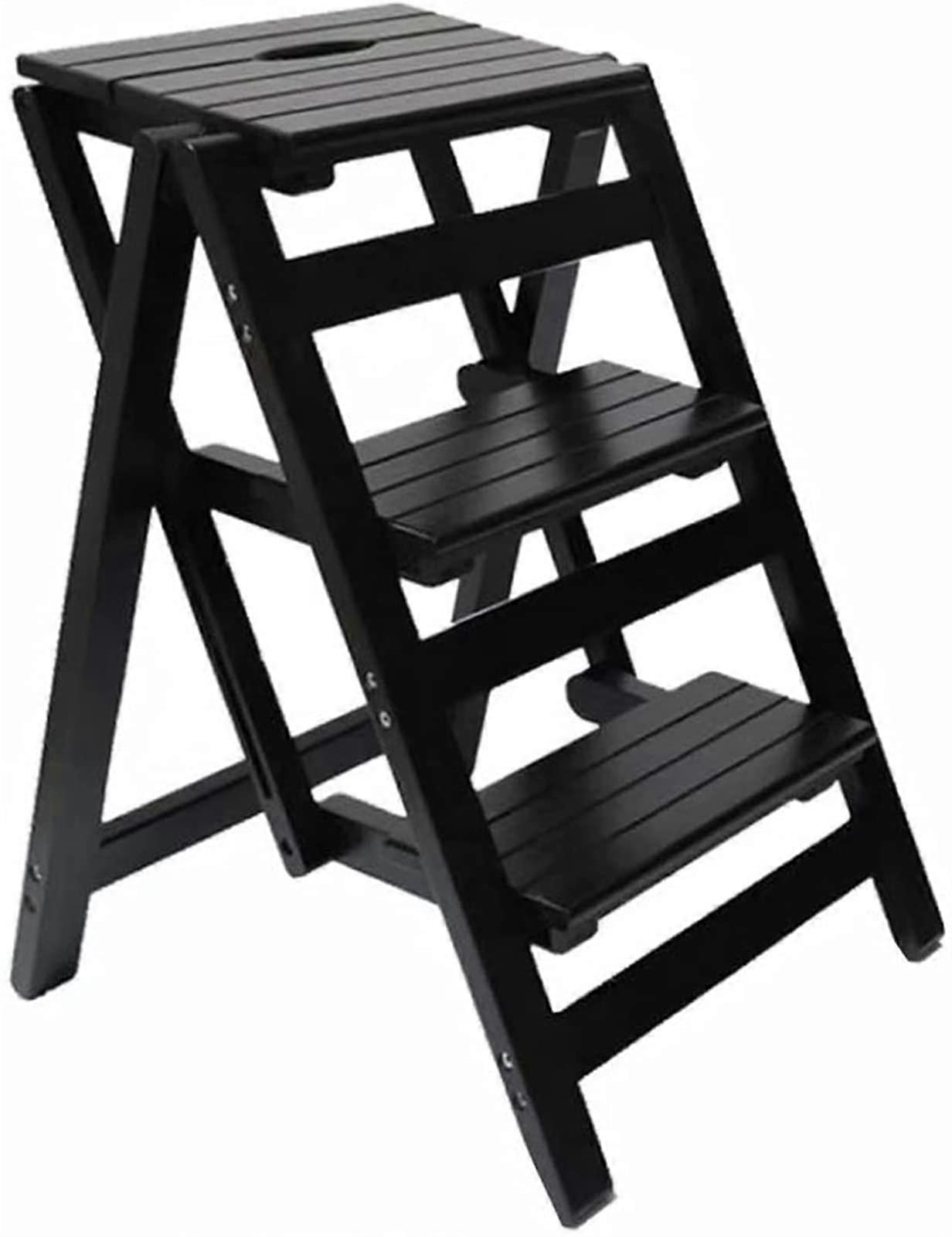 Hardwood Step Stool, 3-Step Foldable Ladder For Adults, Space-Saving, Multipurpose Library Ladder And Plant Stand