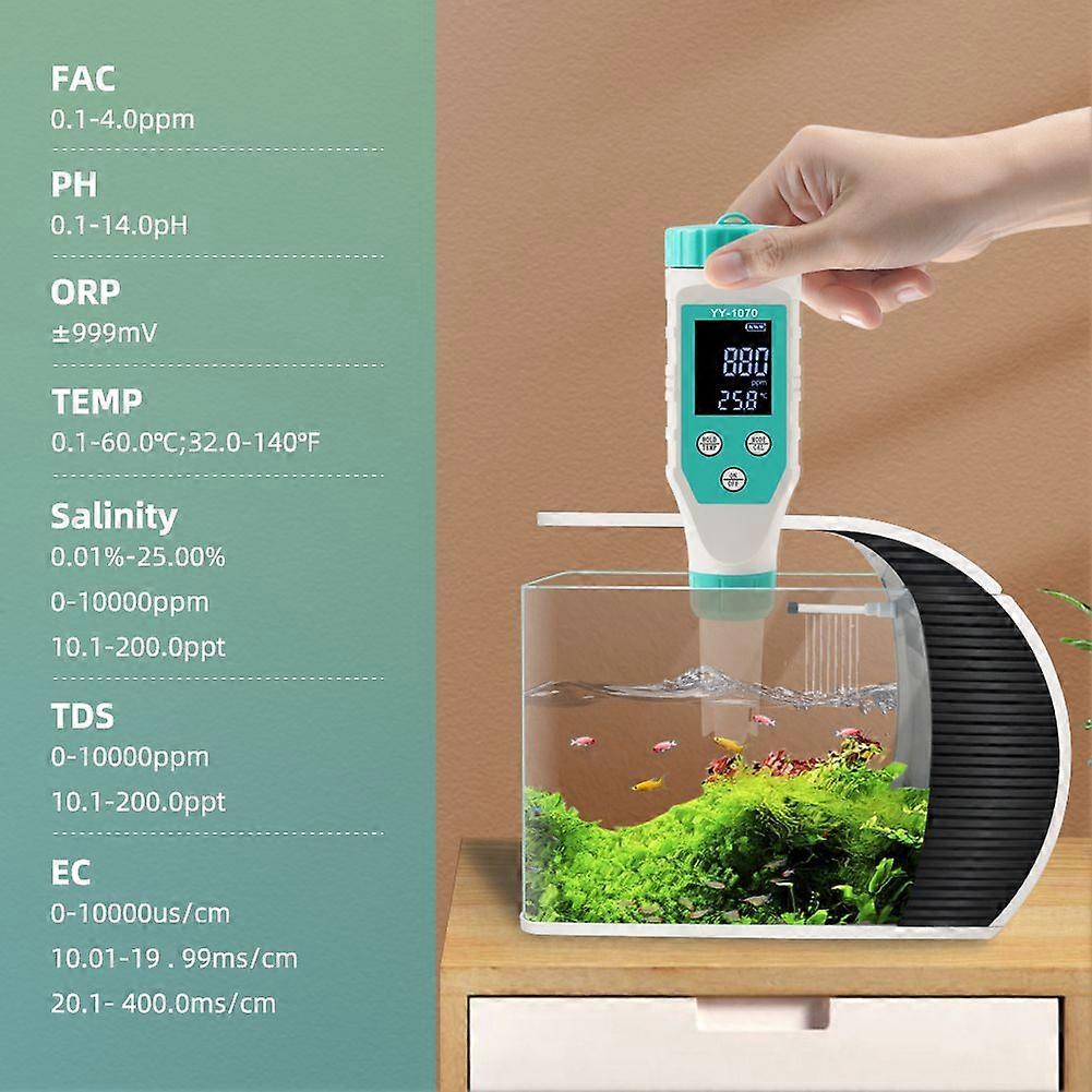 7in1 Water Quality Monitor Chlorine PH Total Dissolved Solids SALT ORP FAC EC Temperature Test Meter Multi-functional Mariculture Water Quality Tester